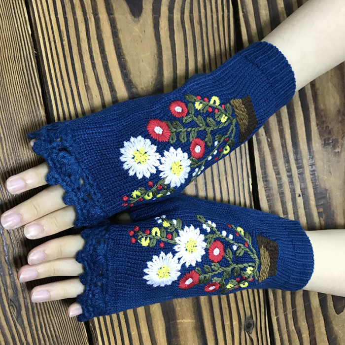 Fashion Hand Embroidered Sunflower Mid Length Half Finger Warm Wool Gloves