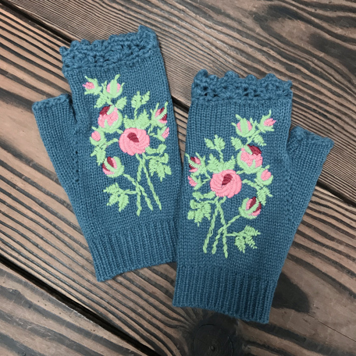 Hand Knitted Women's Fingerless Warm Wool Embroidered Gloves