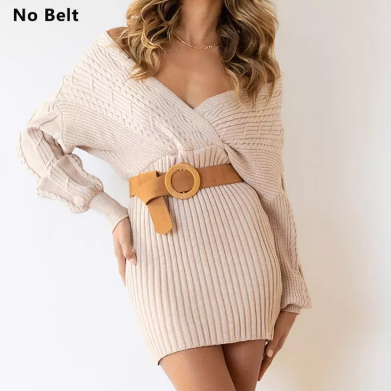 Women Knitted Bodycon Dresses Long Sleeve Slim Dress