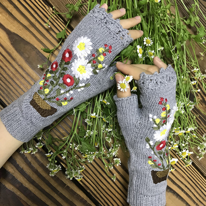 Fashion Hand Embroidered Sunflower Mid Length Half Finger Warm Wool Gloves