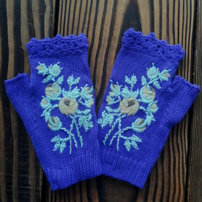 Hand Knitted Women's Fingerless Warm Wool Embroidered Gloves