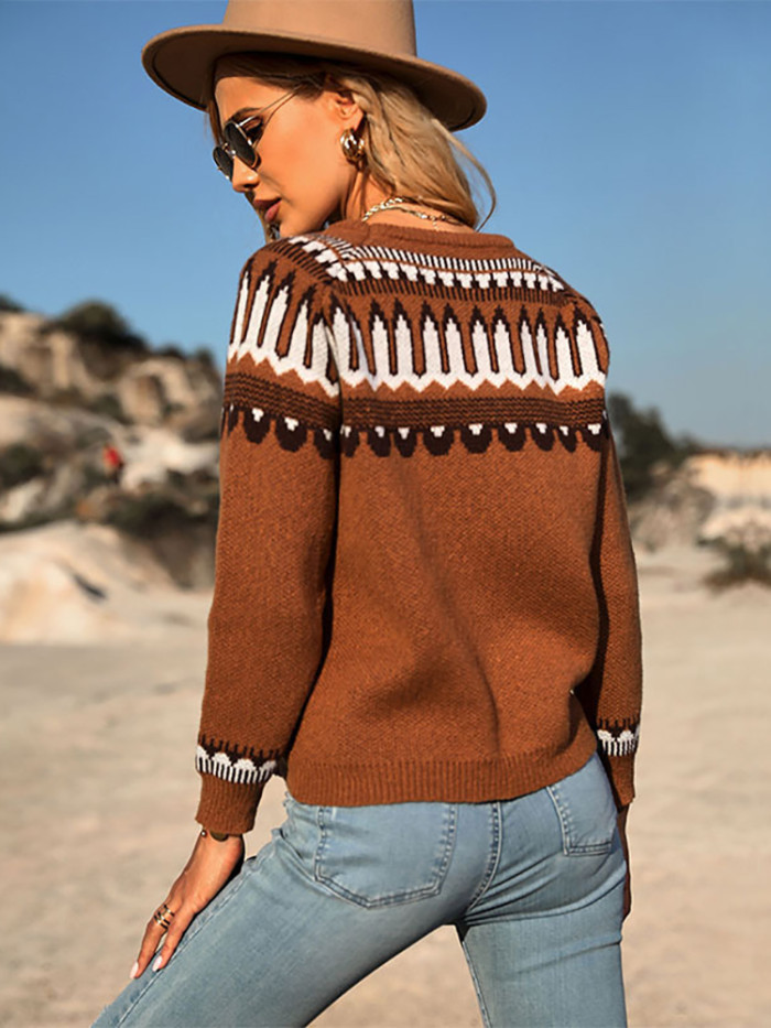 Fashion Women's Sweater Casual Knitted Long Sleeve Top Loose Brown Sweater