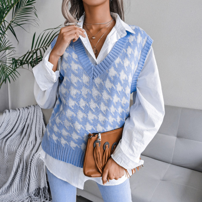 Women Houndstooth Sweater Vest Korean Style Sleeveless Knitted V-Neck Sweaters