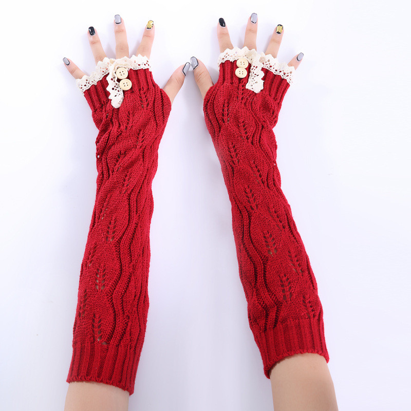 Lace Button Knitted Wool Warm Fingerless Women's Long Gloves