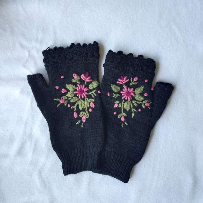 Hand Knitted Women's Fingerless Warm Wool Embroidered Gloves