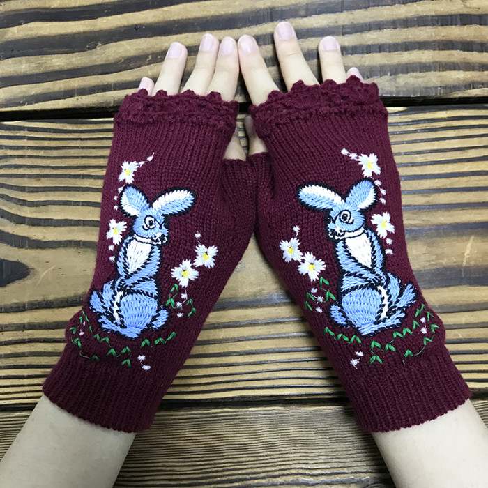 Fashion Ladies Knitted Hand Embroidered Mid Length Half Finger Warm Gloves