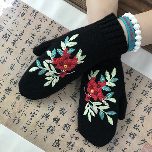 Fashion Red Bean Embroidered Retro Warm Floral Mittens  Gloves