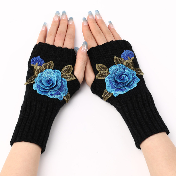 Ladies Short Fashion Embroidered Flower Knit Thermal Mittens Gloves