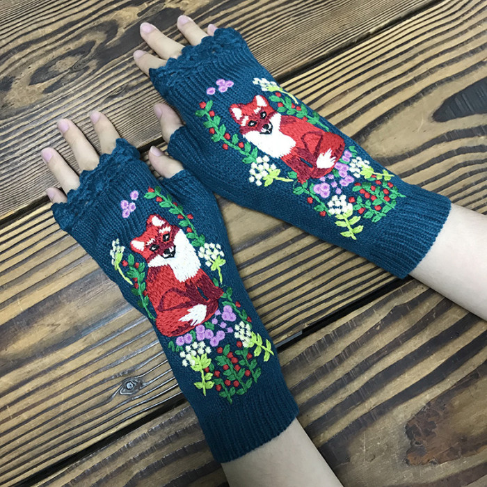 Fashion Ladies Knitted Hand Embroidered Mid Length Half Finger Warm Gloves