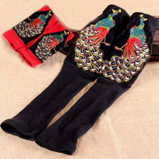 Vintage Ethnic Embroidered Sleeve Knit Fingerless Gloves