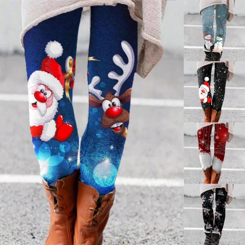 Christmas Leggings Women Winter Thermal Pants Elastic Waist Thick Skinny Leggings