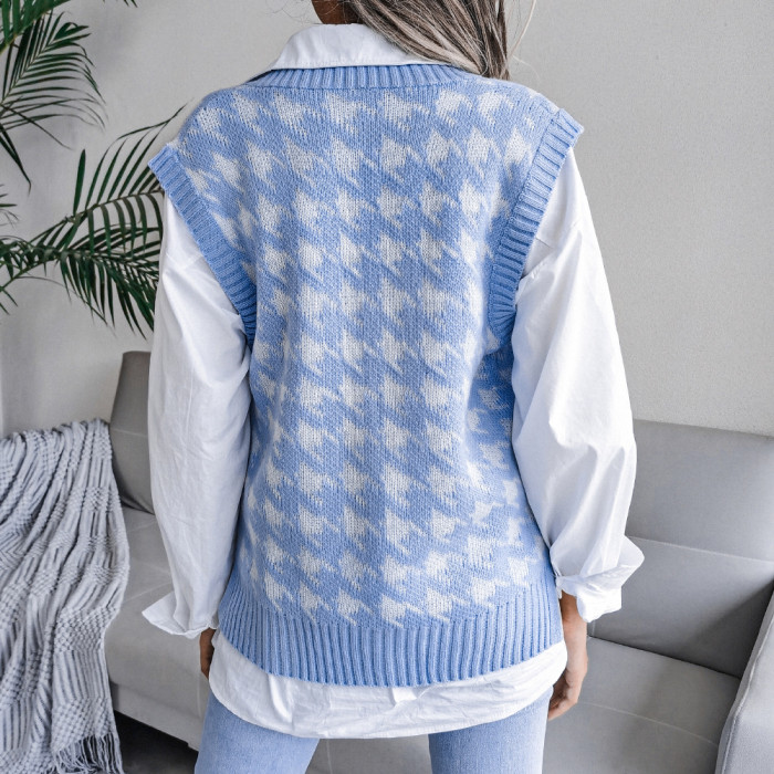 Women Houndstooth Sweater Vest Korean Style Sleeveless Knitted V-Neck Sweaters