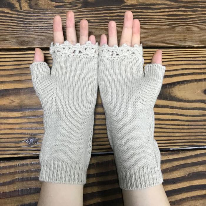 Fashion Women's Knitted Hand Embroidered Half Finger Warm Wool Winter Gloves