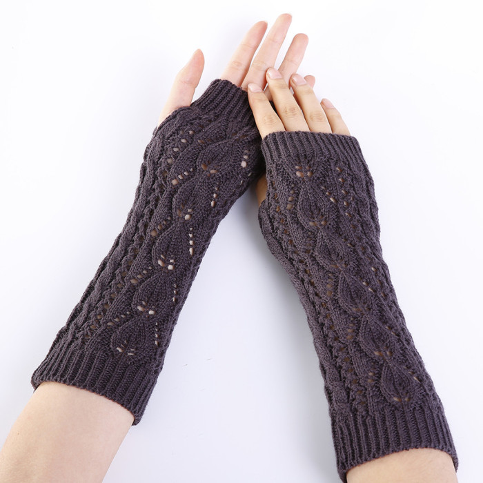 Fashionable Leaf Hollow Mesh Fingerless Warm Knitted Gloves