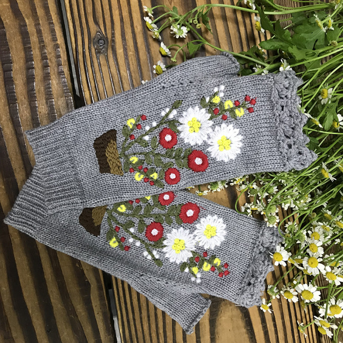 Fashion Hand Embroidered Sunflower Mid Length Half Finger Warm Wool Gloves