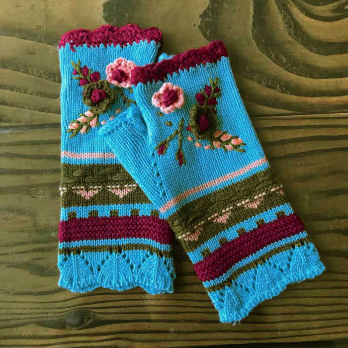 Hand Knitted Women's Fingerless Warm Wool Embroidered Gloves