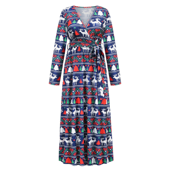 Christmas Print Long Dress for Women Autumn V-neck Knitting Maxi Dress