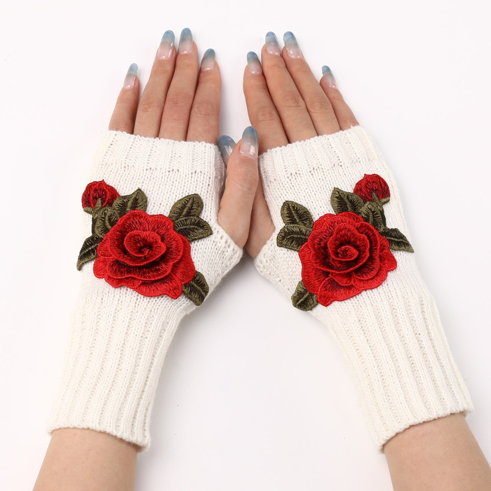 Ladies Short Fashion Embroidered Flower Knit Thermal Mittens Gloves