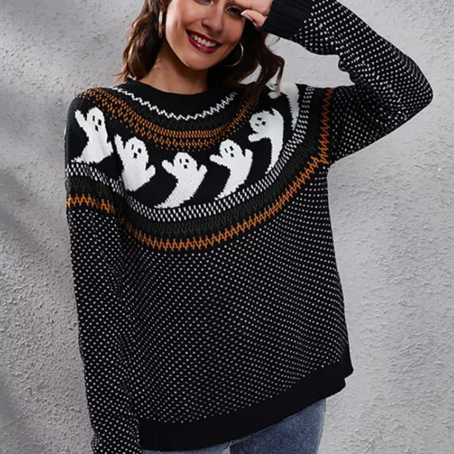 Vintage Polka Dot Halloween Sweater Women Knitted Long Sleeve Top