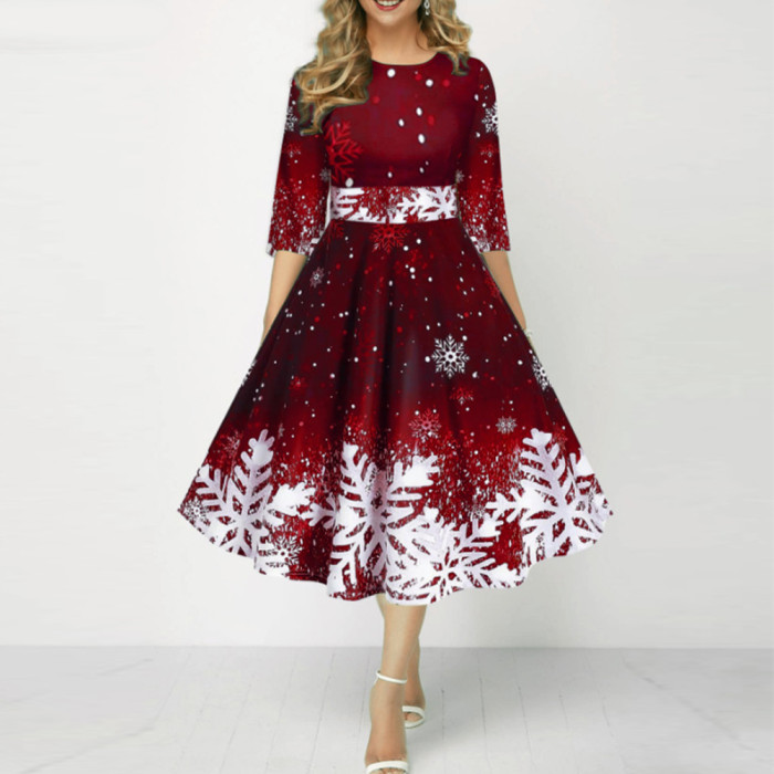 Autumn/Winter Christmas Women Dress Snowflake Print Vacation Dress