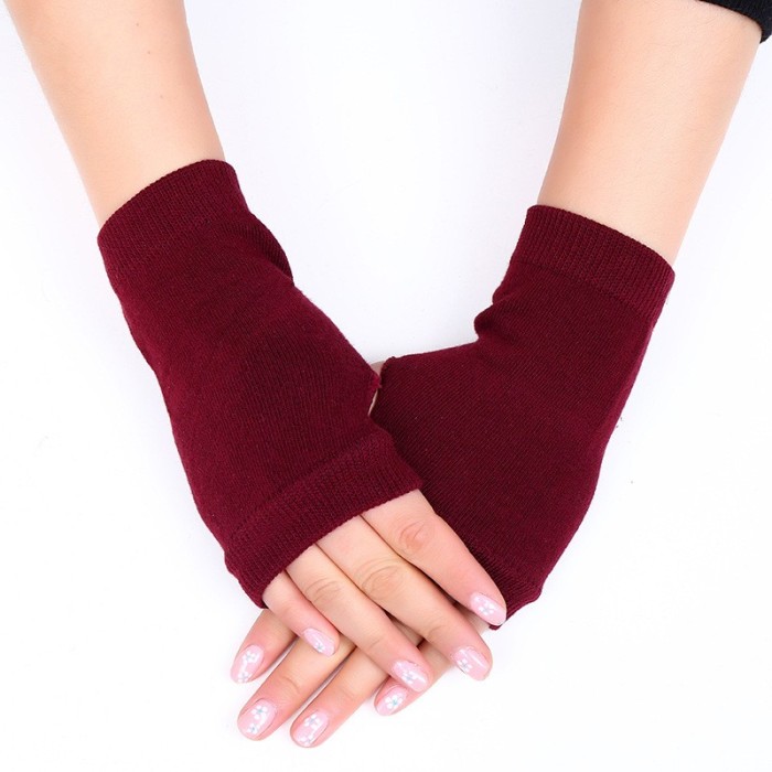 Embroidered Women's Cotton Fingerless Knit Panel Mittens Gloves