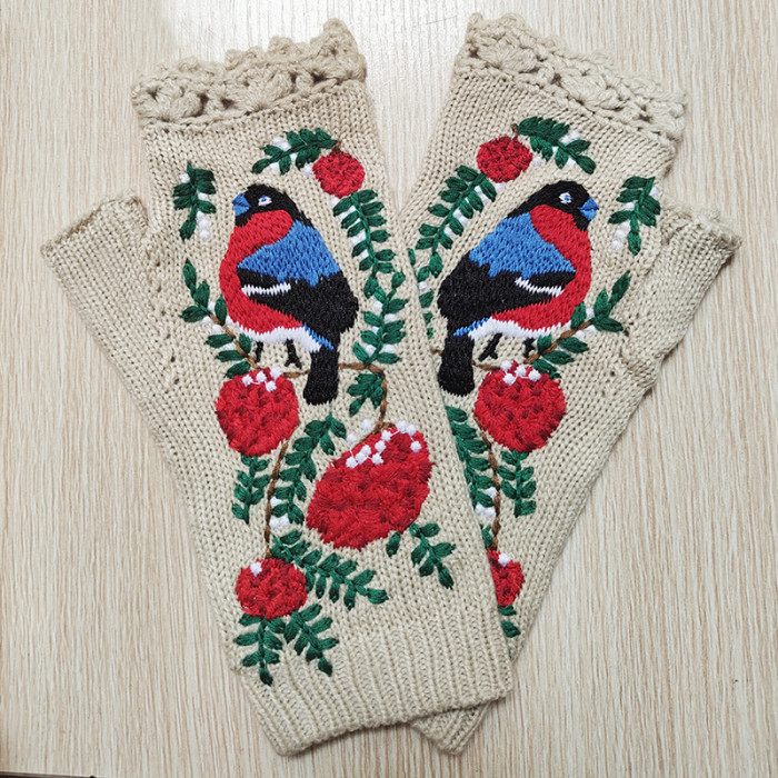 Fashion Ladies Knitted Hand Embroidered Mid Length Half Finger Warm Gloves