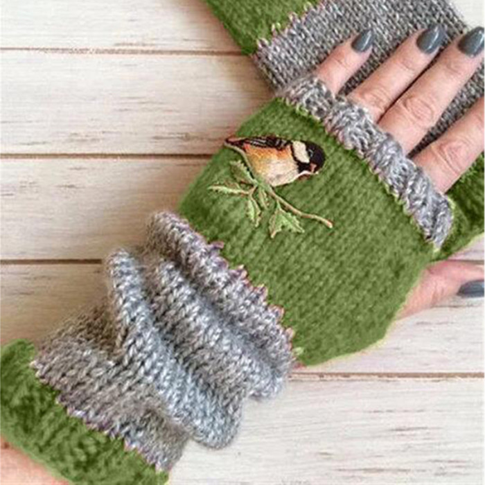 Embroidered Women's Cotton Fingerless Knit Panel Mittens Gloves