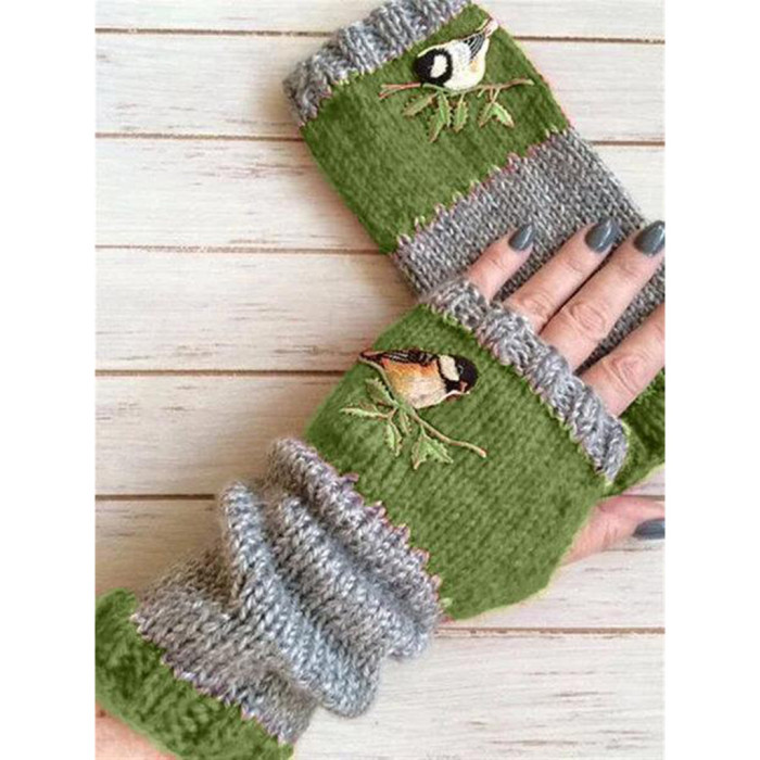 Embroidered Women's Cotton Fingerless Knit Panel Mittens Gloves