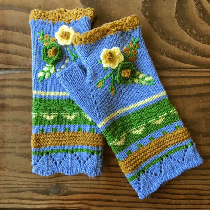 Hand Knitted Women's Fingerless Warm Wool Embroidered Gloves