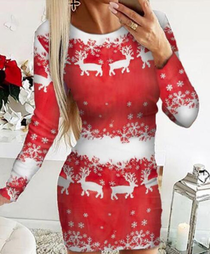 Autumn/Winter Christmas Women Dress Sexy Print Slim O-Neck Sweater Dress