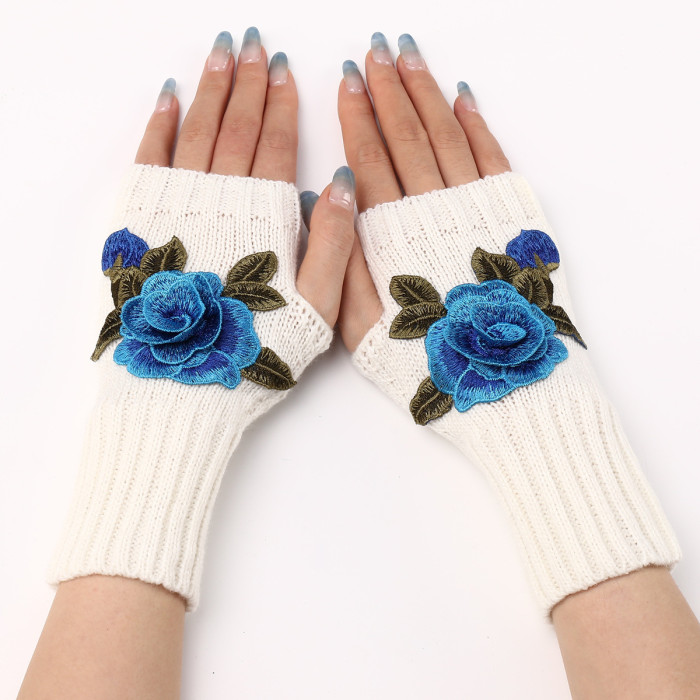Ladies Short Fashion Embroidered Flower Knit Thermal Mittens Gloves