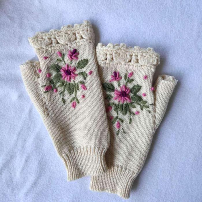 Hand Knitted Women's Fingerless Warm Wool Embroidered Gloves