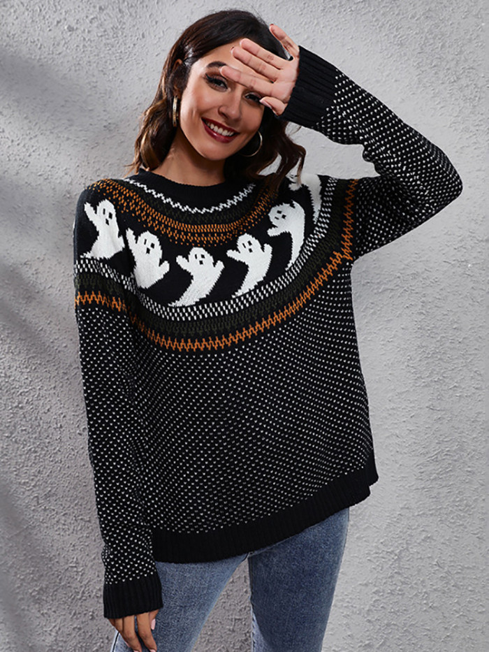 Vintage Polka Dot Halloween Sweater Women Knitted Long Sleeve Top