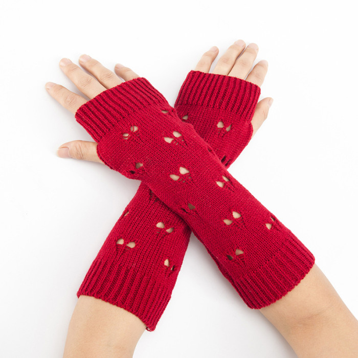 Fashion Jacquard Heart Knit Wool Warm Mid Length Ski Fingerless Gloves