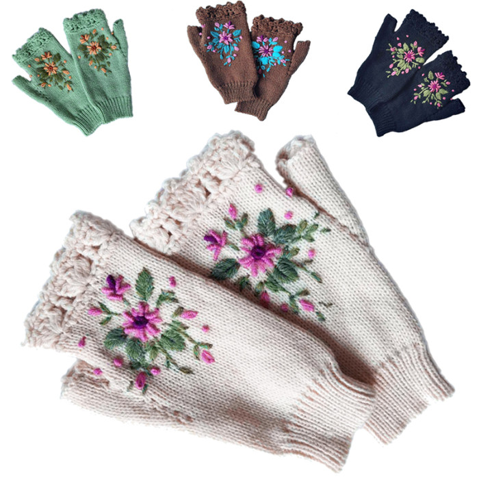 Women's Fashion Flower Embroidered Warm Knitted Gloves
