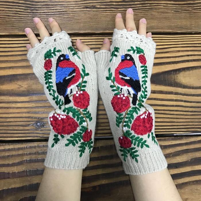Fashion Women's Knitted Hand Embroidered Half Finger Warm Wool Winter Gloves