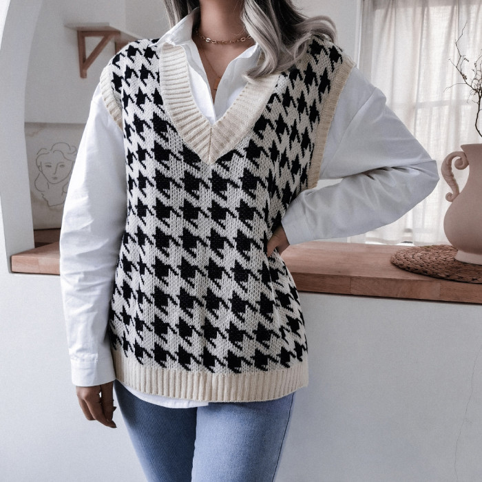 Women Houndstooth Sweater Vest Korean Style Sleeveless Knitted V-Neck Sweaters