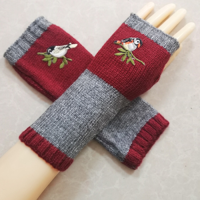 Hand Knitted Women's Fingerless Warm Wool Embroidered Gloves