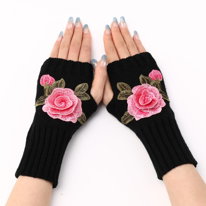 Ladies Short Fashion Embroidered Flower Knit Thermal Mittens Gloves