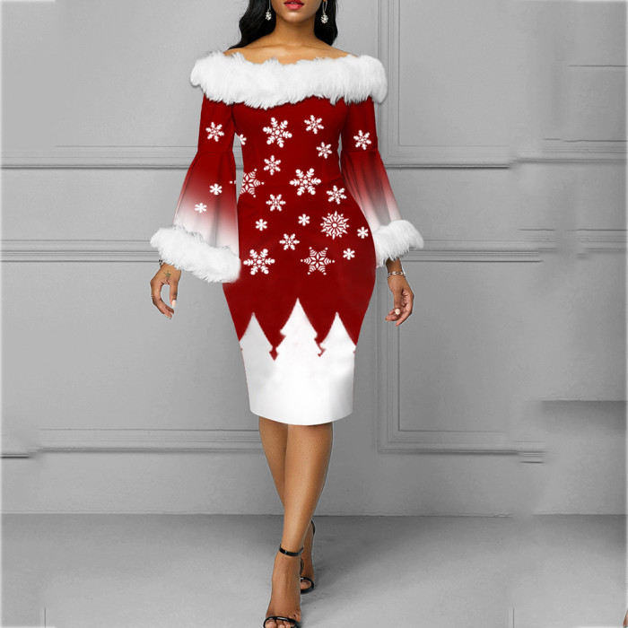 Christmas Dress for Woman Autumn/Winter Flare Sleeve Print Slim Dress