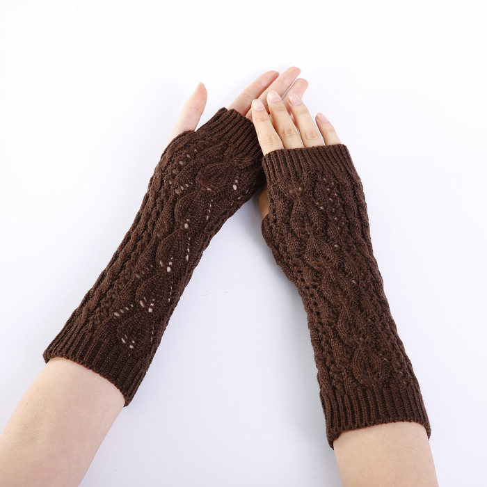 Fashionable Leaf Hollow Mesh Fingerless Warm Knitted Gloves