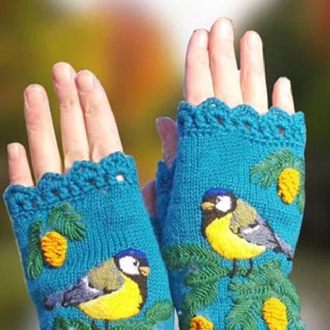 Fashion Knit Fingerless Boho Ethnic Embroidery Half Finger Gloves