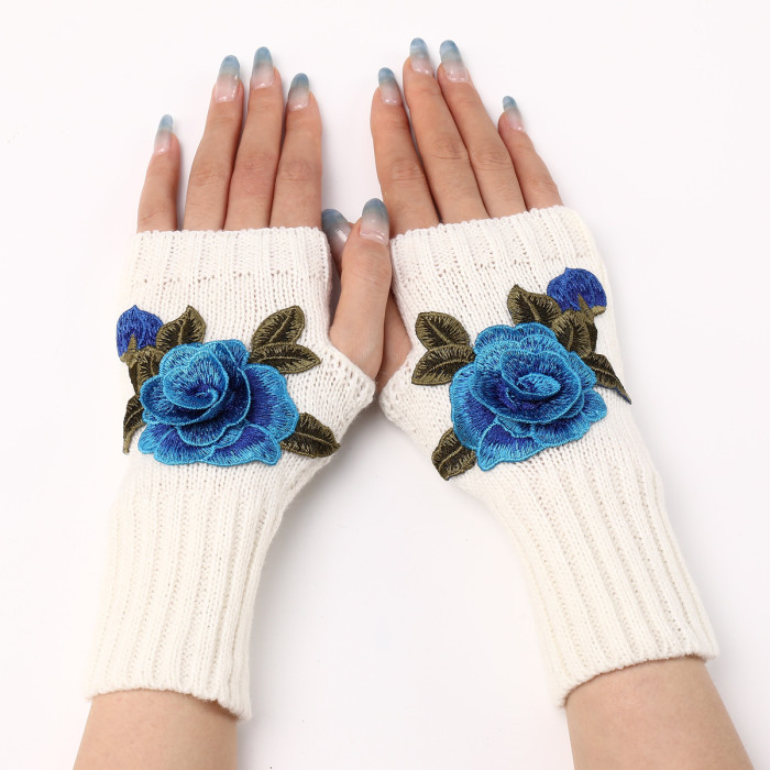 Ladies Short Fashion Embroidered Flower Knit Thermal Mittens Gloves