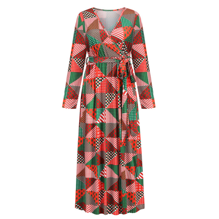 Christmas Print Long Dress for Women Autumn V-neck Knitting Maxi Dress