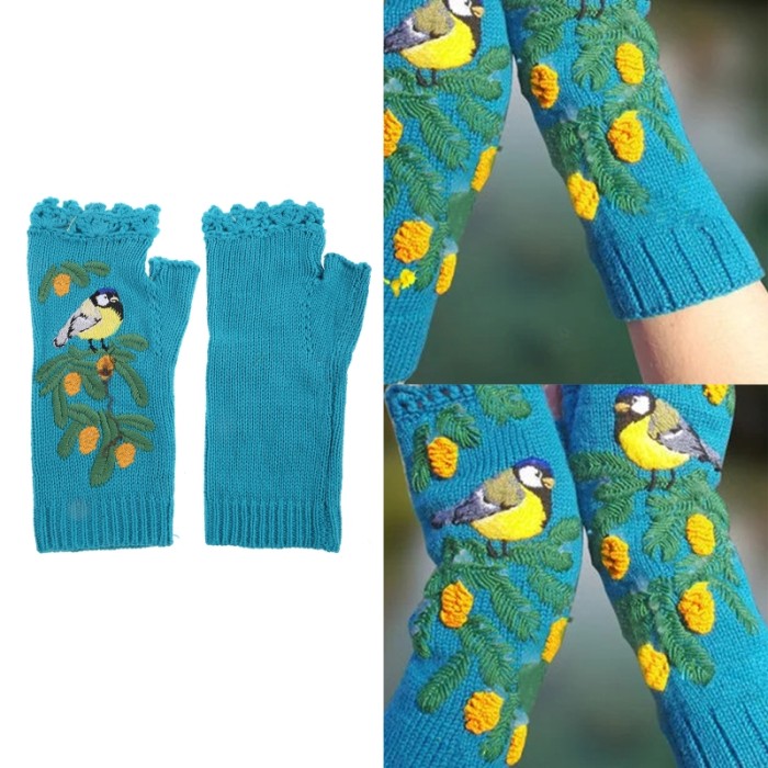 Fashion Knit Fingerless Boho Ethnic Embroidery Half Finger Gloves