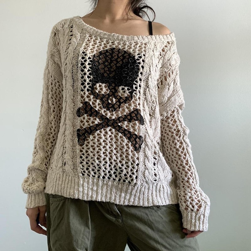 Retro Jumpers Skeleton Print Hollow Out Knitted Sweater