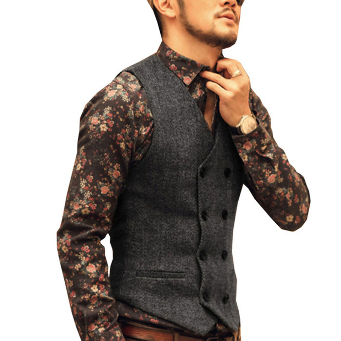 Men Fashion Casual Suit Tweed Solid Color Wedding Punk Business Vest