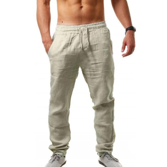 Men's Cotton Linen Jogging Casual Solid Color Elastic Waist Straight Loose Pants