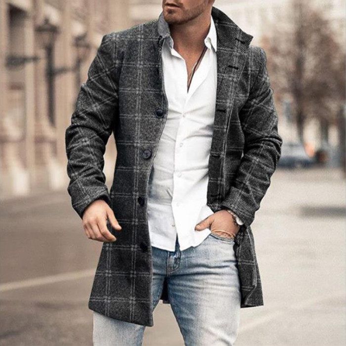 Men's Plaid Trench Coat Wool Fashion Single Breasted Printed  Jackets
