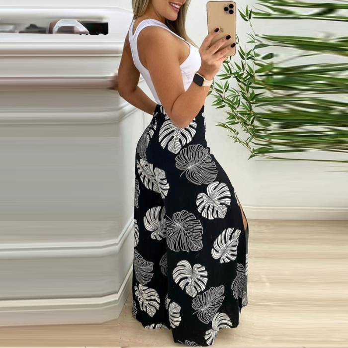 Solid Color Hollow Tank Top and Printed Slit Wide-Leg Pants  Two-piece Outfits